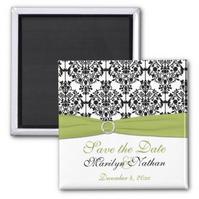 Green White and Black Damask Wedding Magnet by NiteOwlStudio