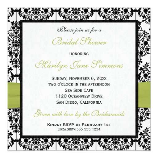 Green, White, Black Damask Bridal Shower Invite