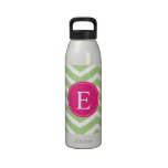 Green White Chevron Bright Pink Monogram Reusable Water Bottle