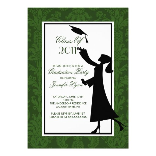 Green & White Damask Graduation Invitation Grad (front side)