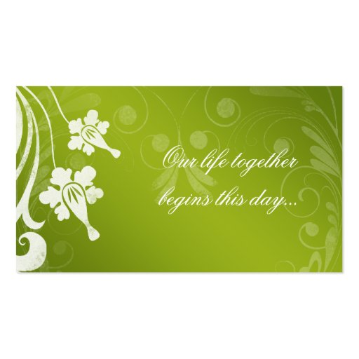 Green White Floral Wedding Place or Escort Cards Business Card Template (back side)