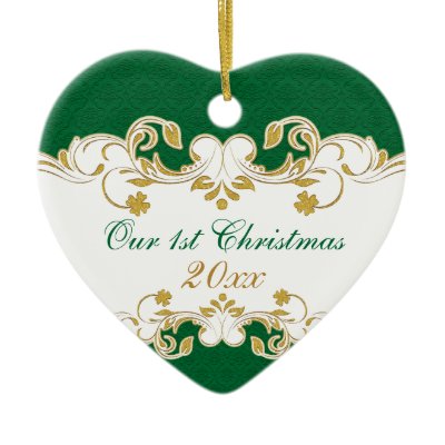 Green White Gold Scrolls, Shamrocks 1st Christmas Christmas Ornament