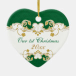 Green White Gold Scrolls, Shamrocks 1st Christmas Christmas Ornament