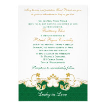 Green White Gold Scrolls, Shamrocks Wedding Invite