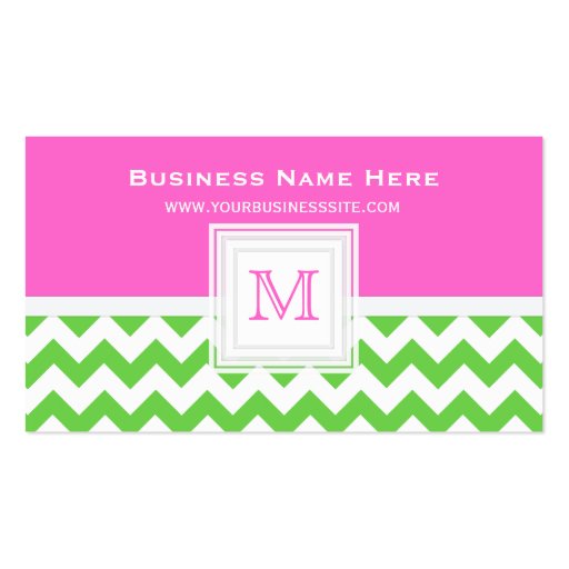 Green White Pink Chevron: Monogram Business Card (front side)