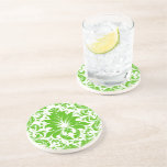 Green & White Vintage Floral Damasks Beverage Coaster