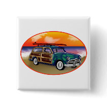 Green Woodie & Surfboard at Sunset Buttons
