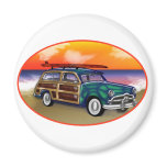 Green Woodie & Surfboard at Sunset magnets