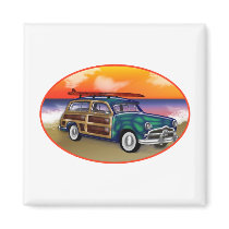 Green Woodie & Surfboard at Sunset Magnets