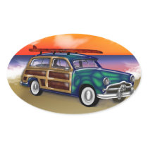 Green Woodie & Surfboard at Sunset Oval Stickers