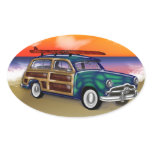 Green Woodie &amp; Surfboard at Sunset Oval Stickers