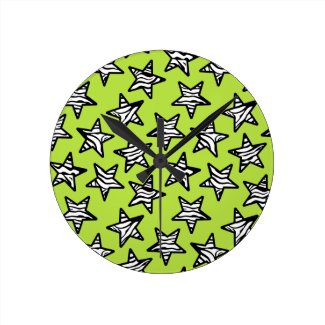 Green zebra print stars wall clock