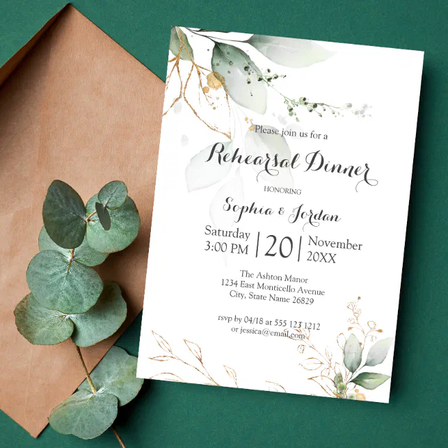 Greenery Floral Gold Foil Leaves Rehearsal Dinner Invitation Zazzle