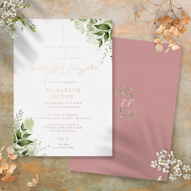 Greenery Floral Monogram Baptism Rose Gold Foil Invitation Zazzle