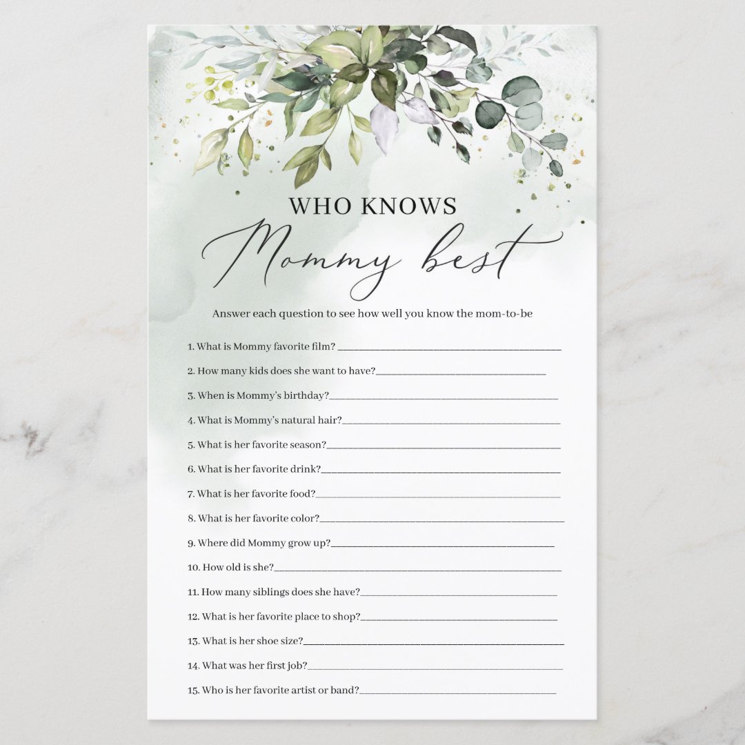 Greenery Who Knows Mommy Best Baby Shower Game Zazzle