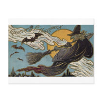 Greetings For Halloween Flying Witch and Bats postcards