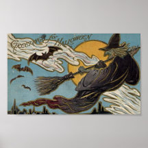 Greetings For Halloween Flying Witch and Bats Poster