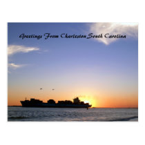 south carolina, sullivan island, charleston, container ships, sunsets, travel, ships, nautical, ship photos, ginette, Postcard with custom graphic design