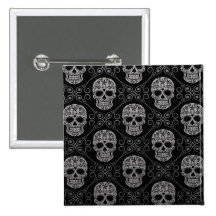 Grey and Black Sugar Skull Pattern Button