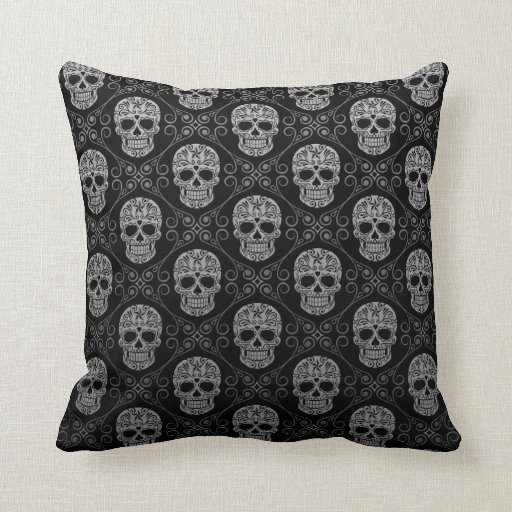Grey and Black Sugar Skull Pattern Throw Pillows Zazzle