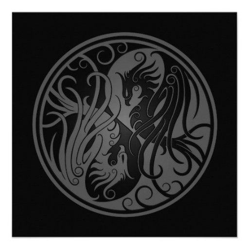 Grey and Black Yin Yang Phoenix Invites