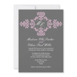 Grey and pink monogram linen wedding Invite