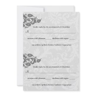 Grey and Red Damask Swirl RSVP Postcard invitation