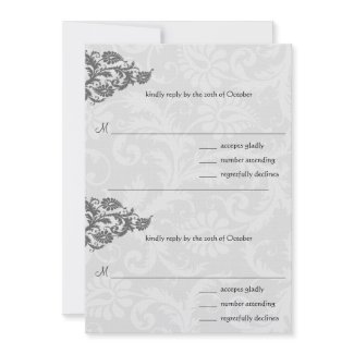 Grey and Red Damask Swirl RSVP Postcard invitation