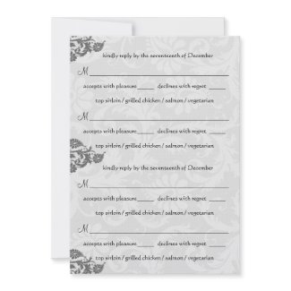 Grey and Red Damask Swirl RSVP Postcard invitation