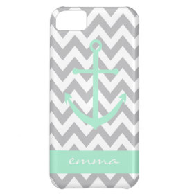 Grey and White Chevron Mint Anchor Monogram Case Cover For iPhone 5C