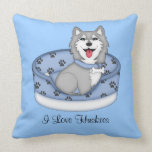 Grey and White Husky in Bed (Boy) Throw Pillow
