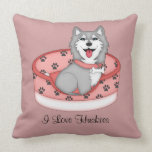 Grey and White Husky in Bed (Girl) Throw Pillow