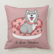 Grey and White Husky in Bed (Girl) throwpillow