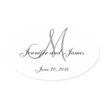 Grey and White Monogram Oval Wedding Labels Sticker