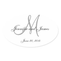Grey and White Monogram Oval Wedding Labels Sticker