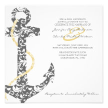 Grey and Yellow Anchor Beach Wedding Invitation
