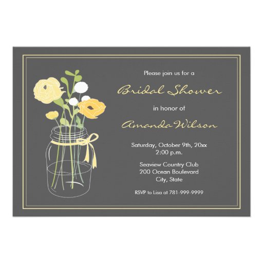 Grey and Yellow Rustic Mason Jar Bridal Shower Card from Zazzle.com