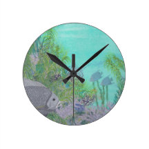 Grey Angelfish Blue Ocean Round Wallclock