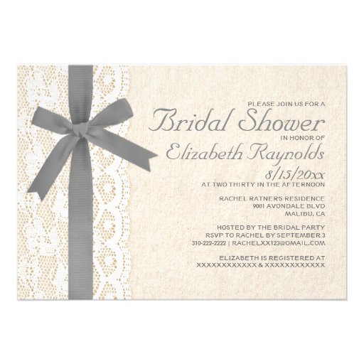 Grey Bow & Lace Bridal Shower Invitations