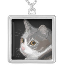 Grey Cat Drawing Necklace