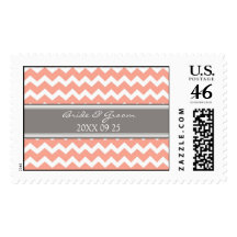 Grey Coral Chevron Bride and Groom Wedding Stamps