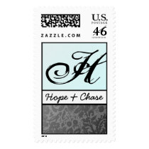 Grey Damask On Aqua Blue Wedding Postage
