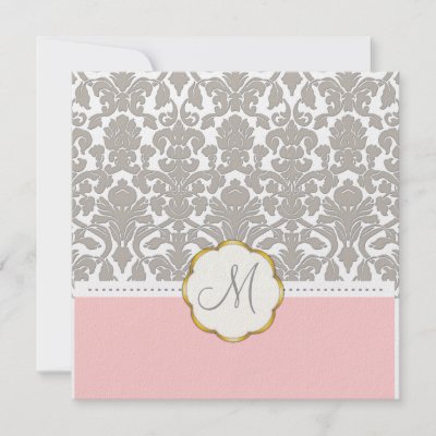 Grey Damask Pink Accent Wedding Invitations by custom stationery