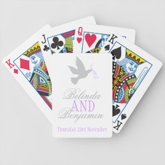 Simple grey dove with two purple ribbons wedding playing cards
