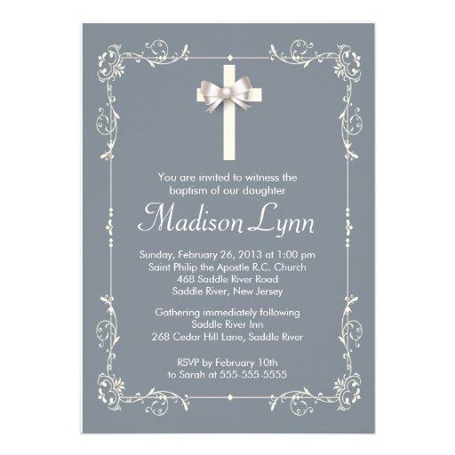 Grey Elegant Baptism | Christening Elegant Cross Custom Invite