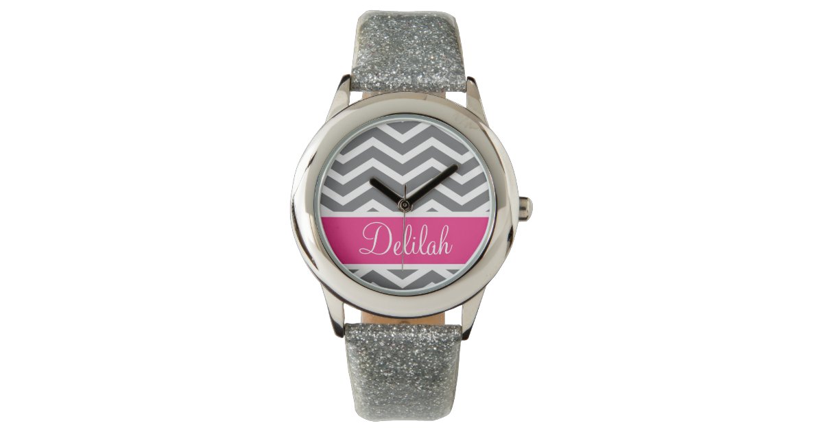 Grey Gray Pink Chevron Name Wrist Watch Zazzle