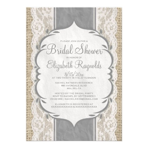 Grey Linen Burlap & Lace Bridal Shower Invitations