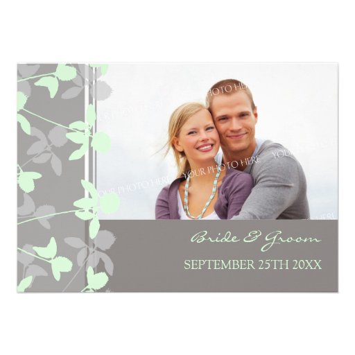 Grey Mint Floral Photo Wedding Invitation Cards
