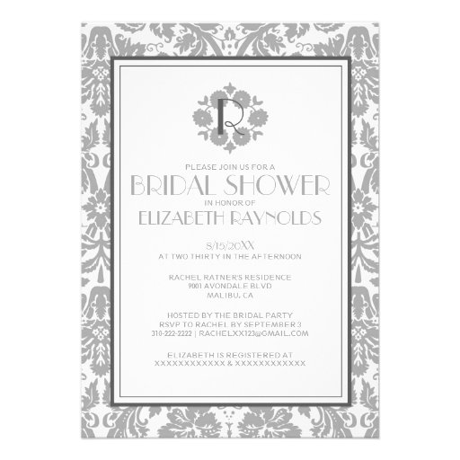 Grey Monogram Damask Bridal Shower Invitations
