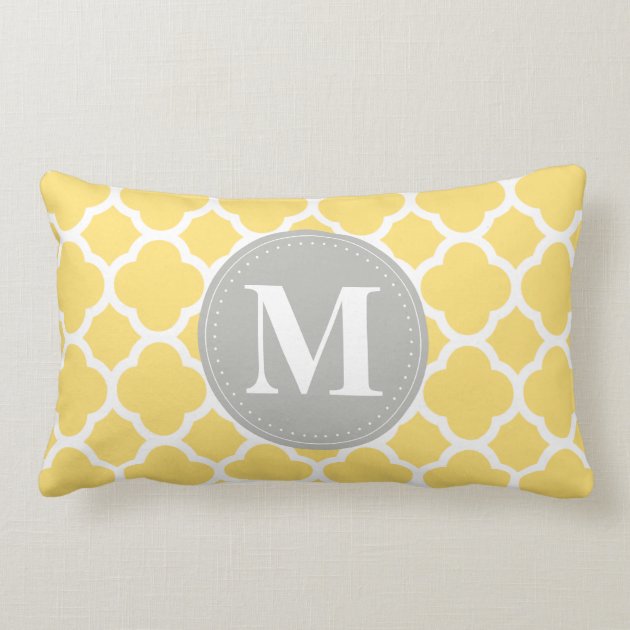Grey Monogram Yellow Quatrefoil Pattern Throw Pillows-0
